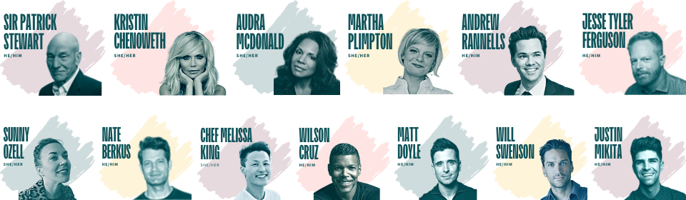 PFLAG 50 honorary host committee featuring Sir Patrick Stewart, Kristin Chenoweth, Audra Mcdonald, Martha Plimpton, Andrew Rannels, Jesse Tyler Ferguson, Sunny Ozell, Nate Berkus, Chef Melissa King, Wilson Cruz, Matt Doyle, Will Swenson, Justin Mikita